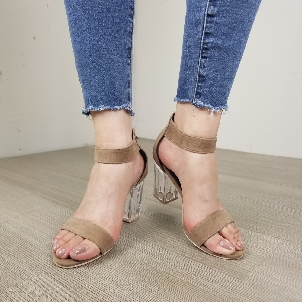 Lucite Clear Heel Tan Vegan Suede Heel Sandal -c1 - Picture 7 of 8